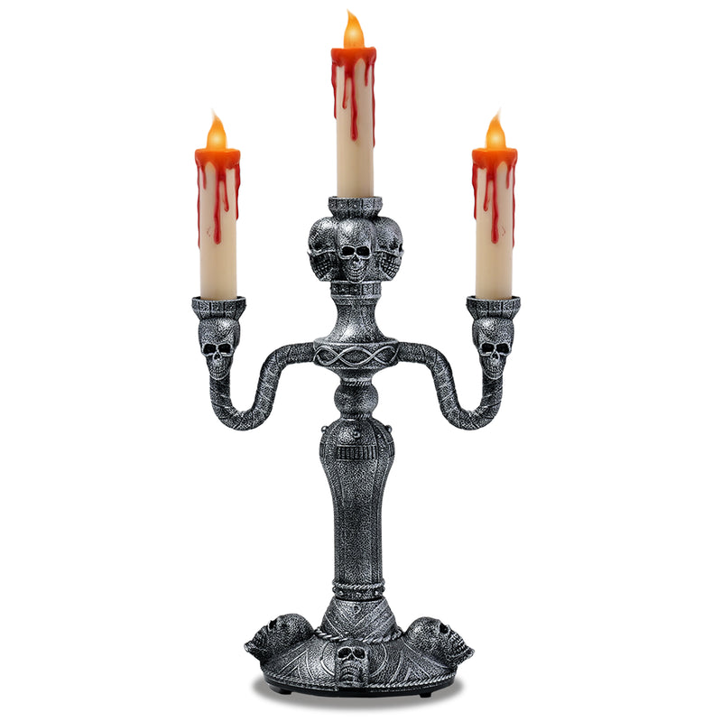 Haunted Halloween Candelabra Prop - LED Light up Skull Indoor Spooky Candelabra Candlesticks Holder Home Decoration for Halloween