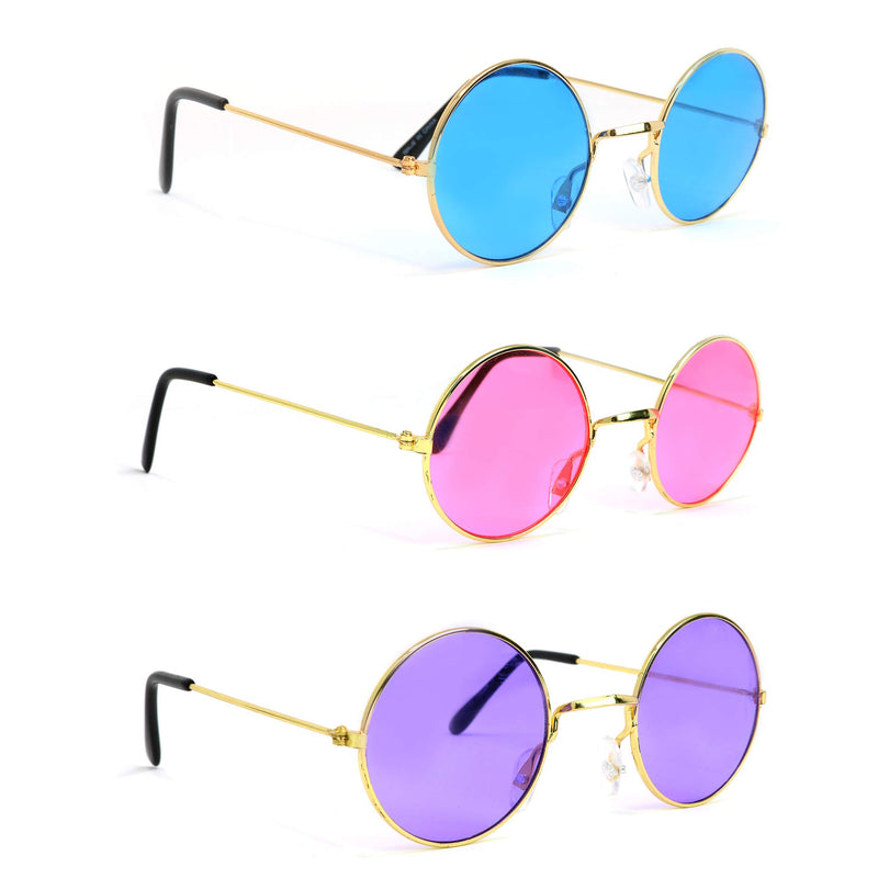 Tinted Round Hippie Glasses Pink Purple and Blue 60's Style Hipster Circle Sunglasses - 3 Pairs