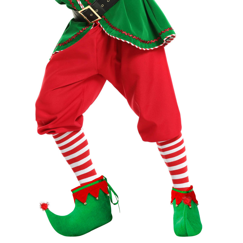 Red Green Elf Shoes - Red and Green Velvet Holiday Elf Feet Slippers with Jingle Bells for Adults and Kids