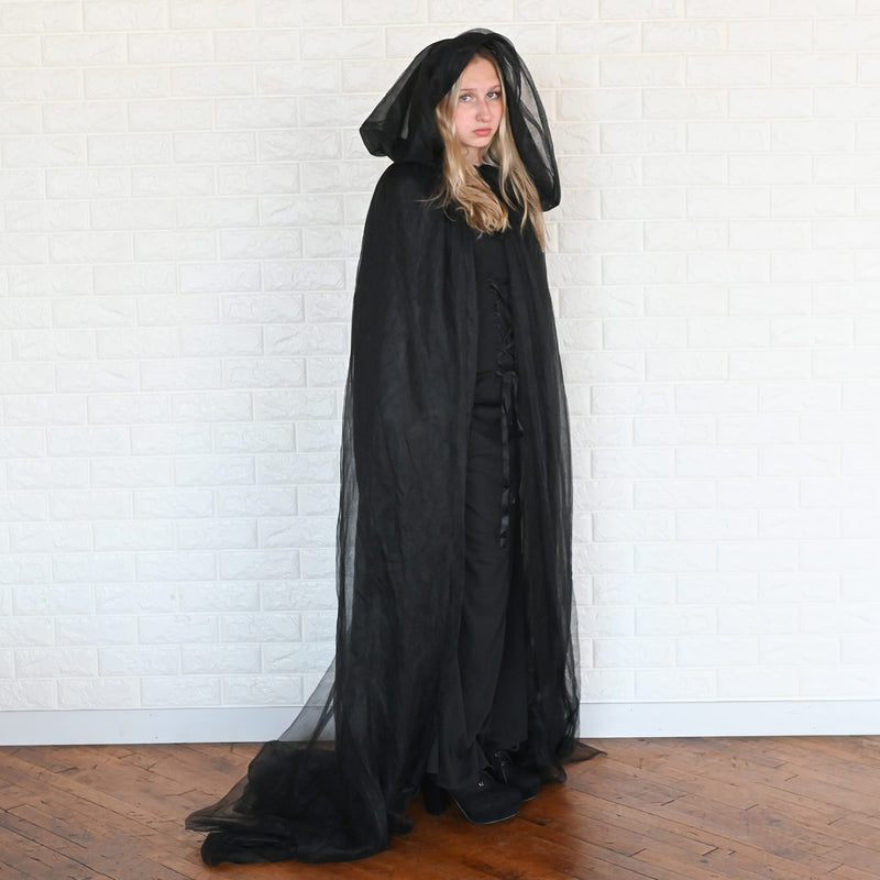 Black Hooded Tulle Cape - Long Chiffon Medieval Net Robe Vampire Bride Sheer Cloak Costume for Adults and Teens