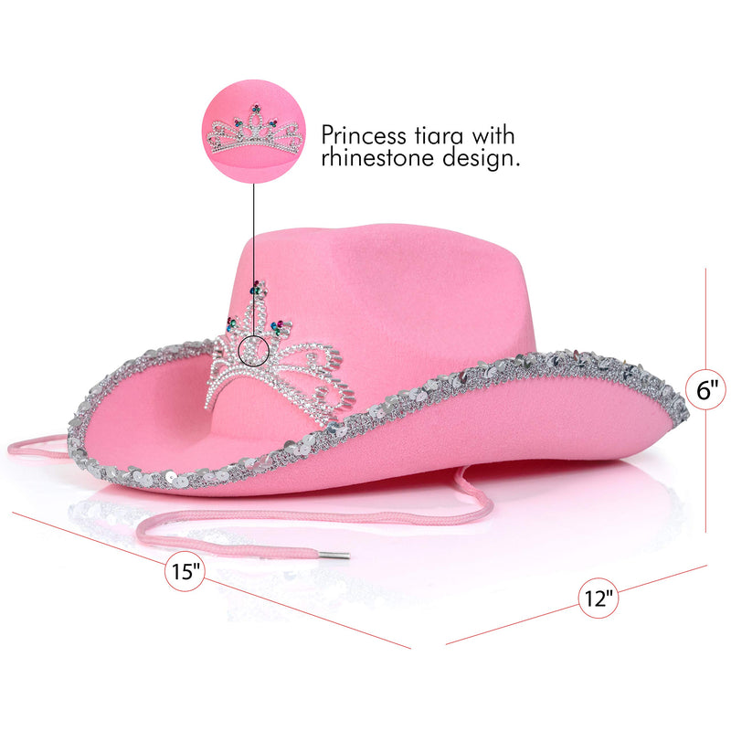 Pink Cowboy Hat - Pink Sequin Cowgirl Princess Hat with Crown Tiara Design