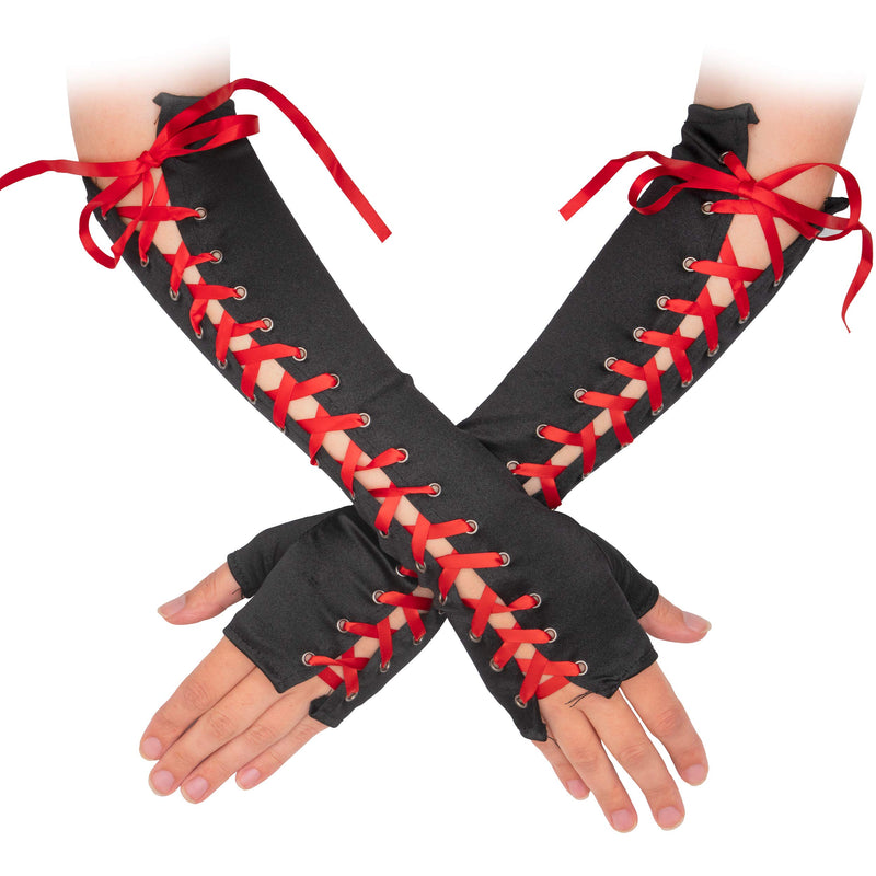 Fingerless Lace Up Gloves -  Long Black Costume Elbow Arm Warmer Accessories with Red Satin Laced Tie for Dress Up
