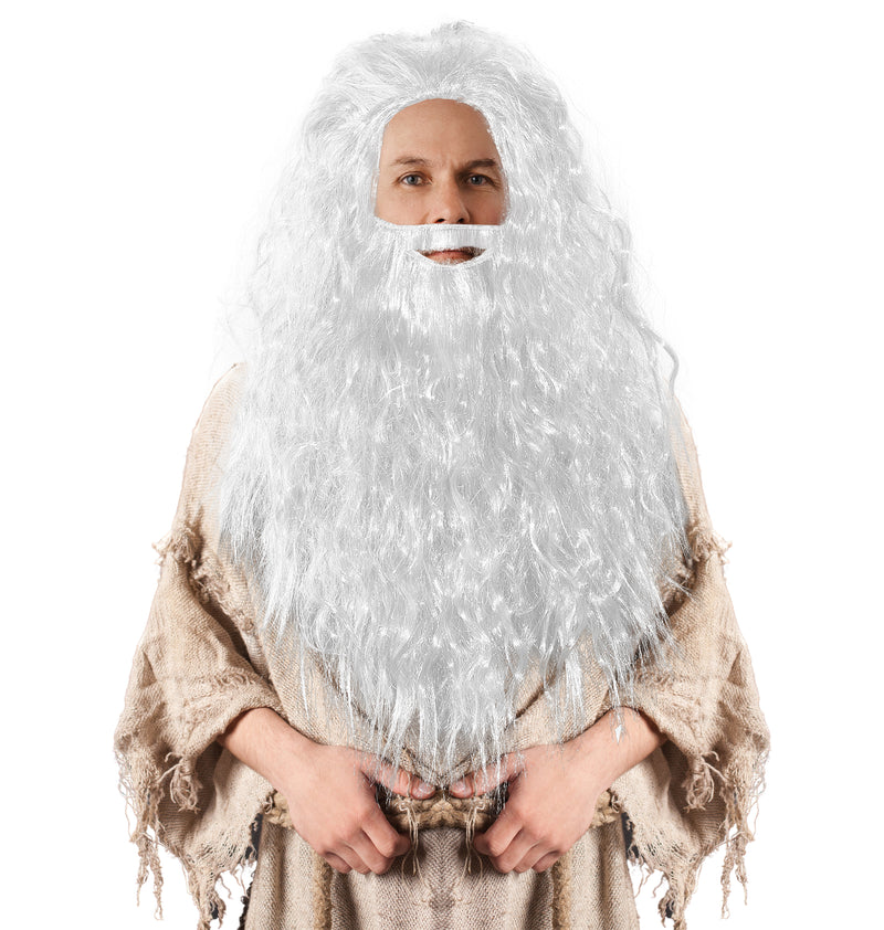 White Wig and Beard – Long White Dress Up Costume Accessories Curly Hair Wig for Kids and Adults
