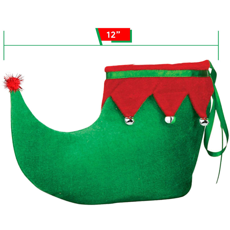Red Green Elf Shoes - Red and Green Velvet Holiday Elf Feet Slippers with Jingle Bells for Adults and Kids