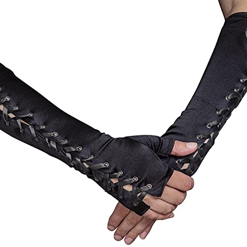 Fingerless Lace Up Gloves - Long Black Costume Elbow Arm Warmer Accessories with Black Satin Laced Tie for Dress Up