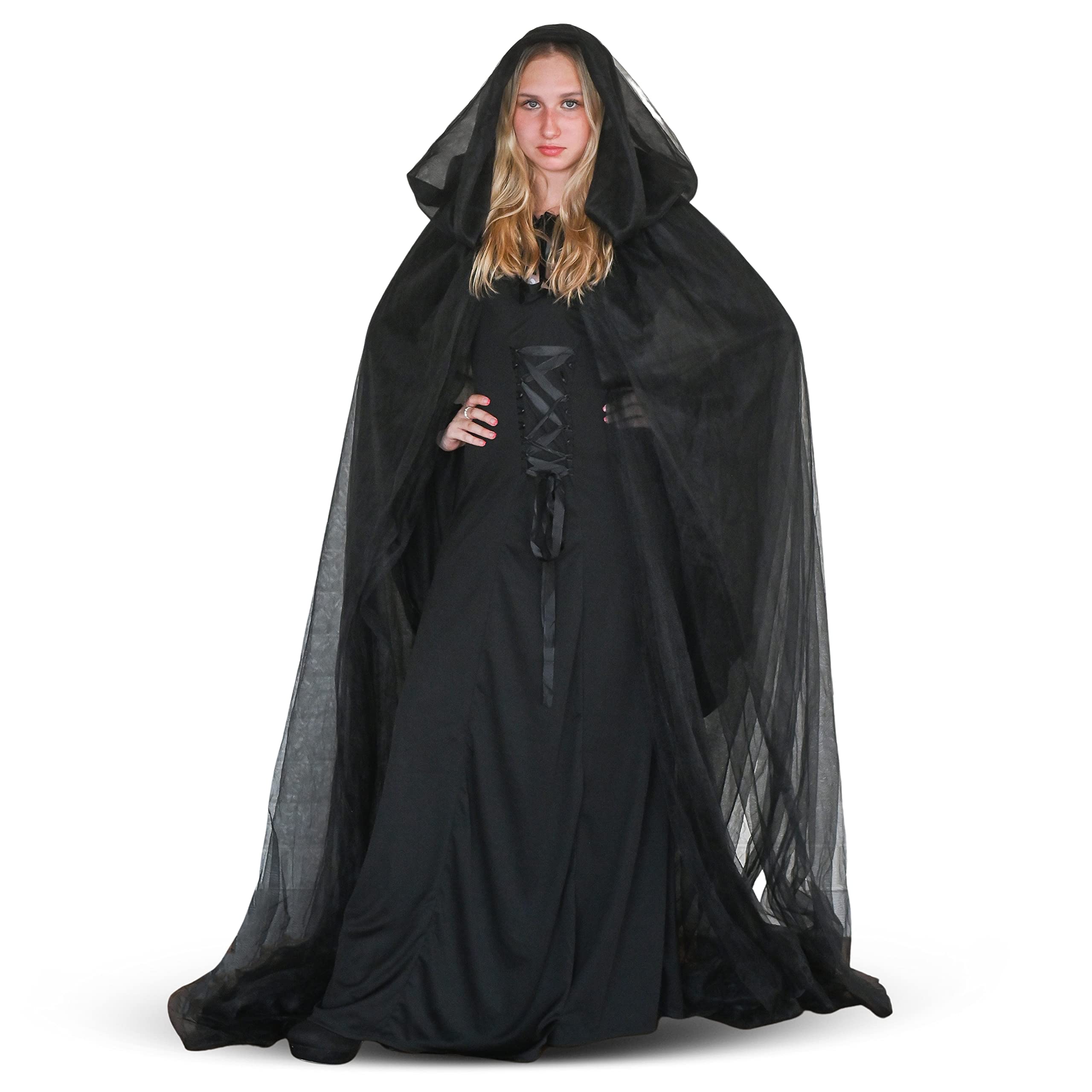 Tulle Cape Witch Costume for Women,Sheer Lace Black Hooded Cloak  Robe,Vampire Cape Costume Women,Gothic Plus Size Witches Costume,Halloween  Costumes