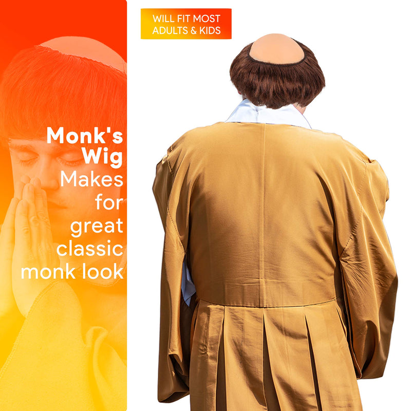 Monk Wig with Tonsure - Bald Cap Wig with Brown Friar Hair Cut Costume Wig for Adults and Kids