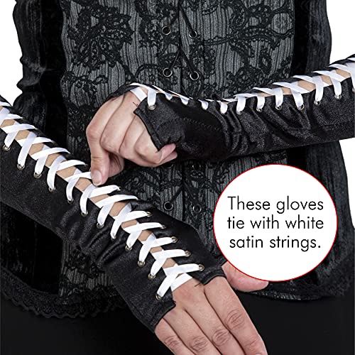 Fingerless Lace Up Gloves -  Long Black Costume Elbow Arm Warmer Accessories with White Satin Laced Tie for Dress Up