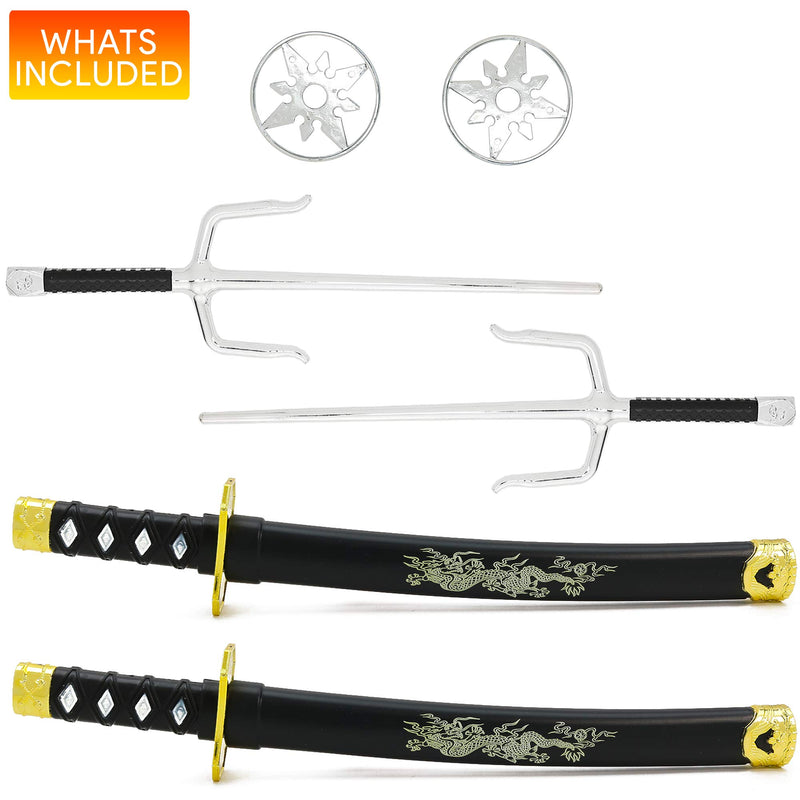 Ninja Weapons Toy Set - Fighting Warrior Weapon Costume Set with Katana Swords, Sai Daggers, and Shuriken Stars - 6 Pieces