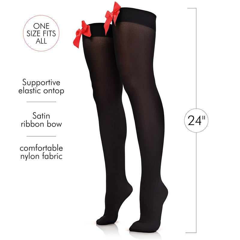 Bow Accent Thigh Highs - Black Over the Knee High Stockings with Red Satin Ribbon Bow Accent for Women and Girls