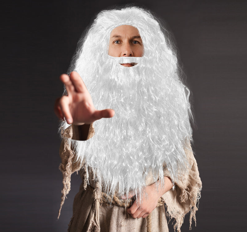 White Wig and Beard – Long White Dress Up Costume Accessories Curly Hair Wig for Kids and Adults