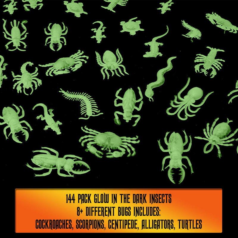 Glow in the Dark Insects - 144 Pieces - Party Favor and Prank Toys - Assorted Reptiles and Bugs Toys Great for Halloween, Birthday Parties, Piatas, Prizes and More - by Skeleteen