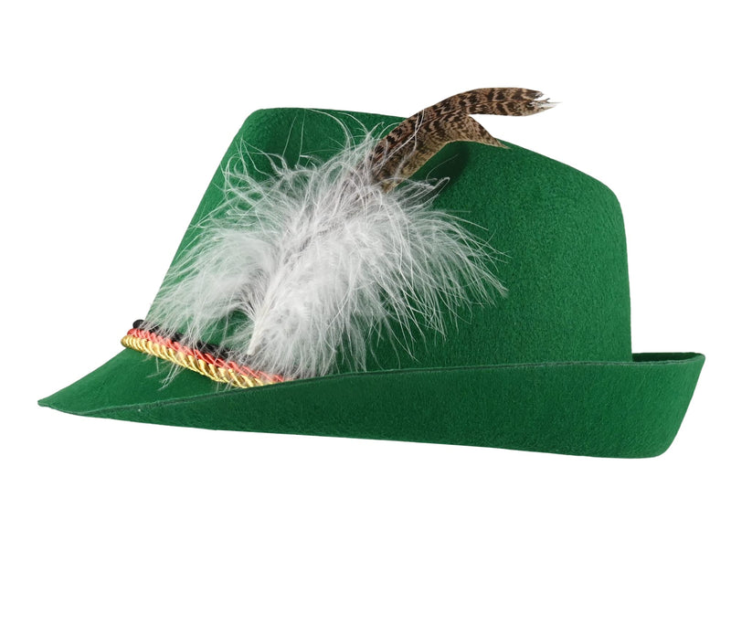 German Oktoberfest Alpine Fedora - Bavarian Swiss Green Traditional Trachten Felt Costume Hat with Feather for Kids and Adults
