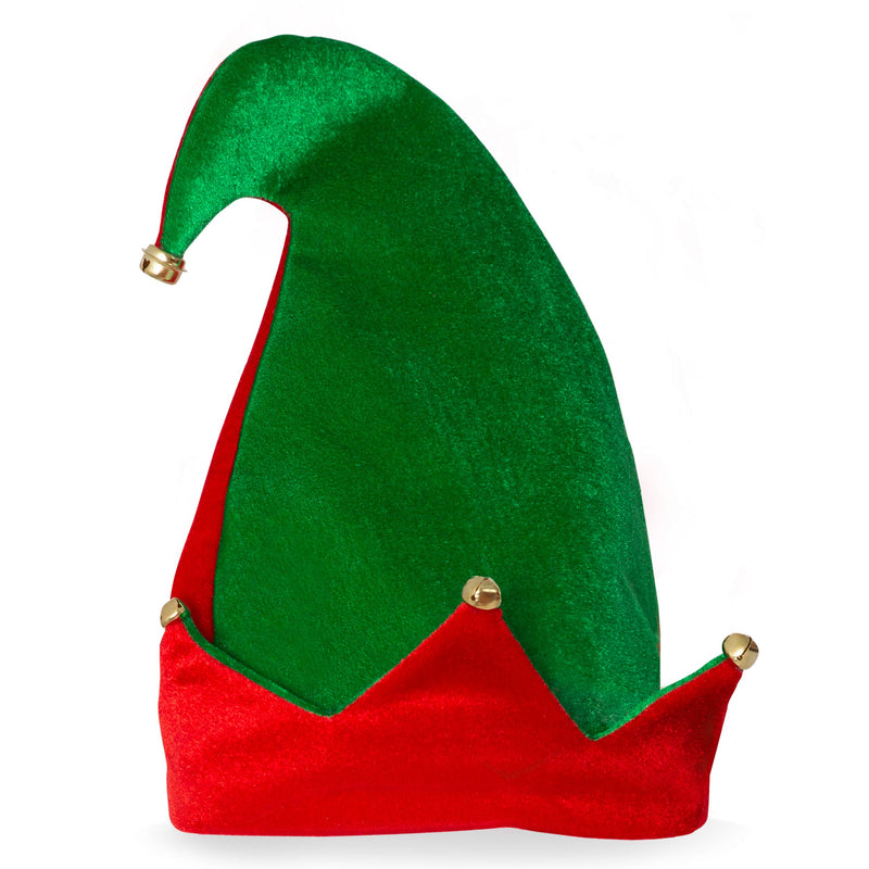 Funny Christmas Elf Hat - Red and Green Jolly Velvet Holiday Elven Novelty Costume Hats with Jingle Bell Designs