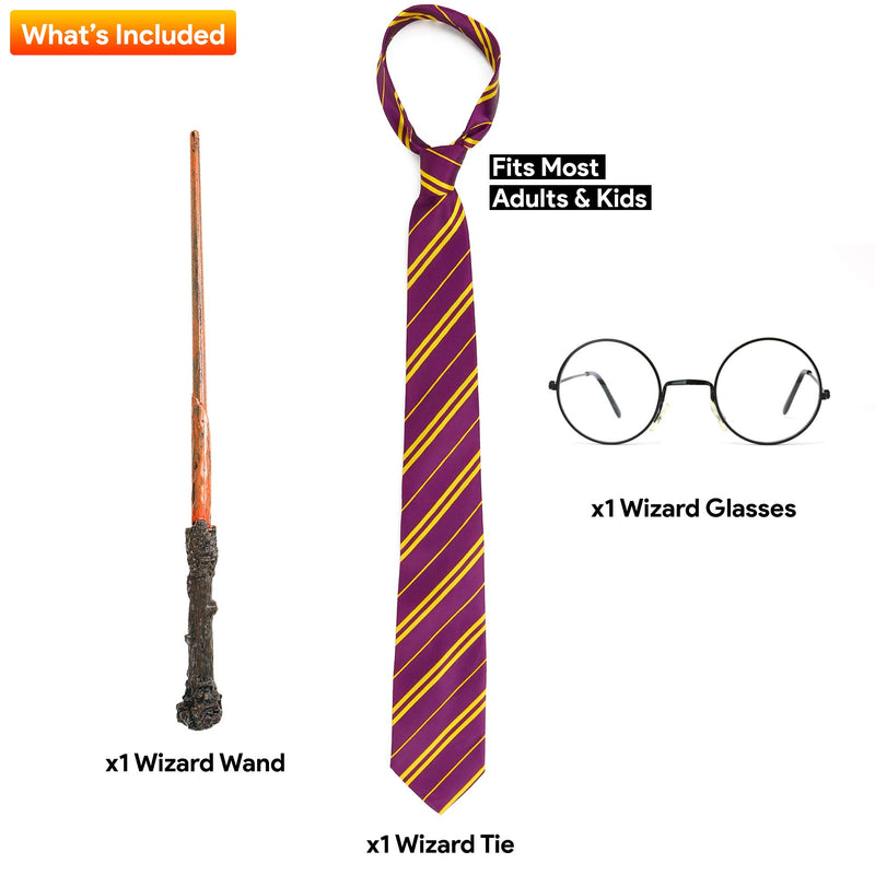 Skeleteen Wizard Costume Accessories Set - Nerd Circle Glasses, Red and Gold Tie and a Magic Wand Accessory Set for Kids and Adults