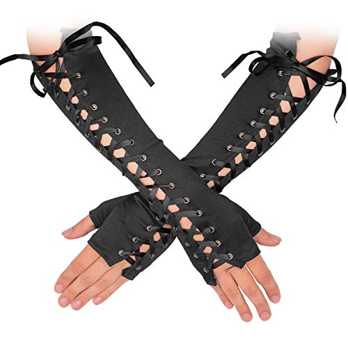 Fingerless Lace Up Gloves - Long Black Costume Elbow Arm Warmer Accessories with Black Satin Laced Tie for Dress Up