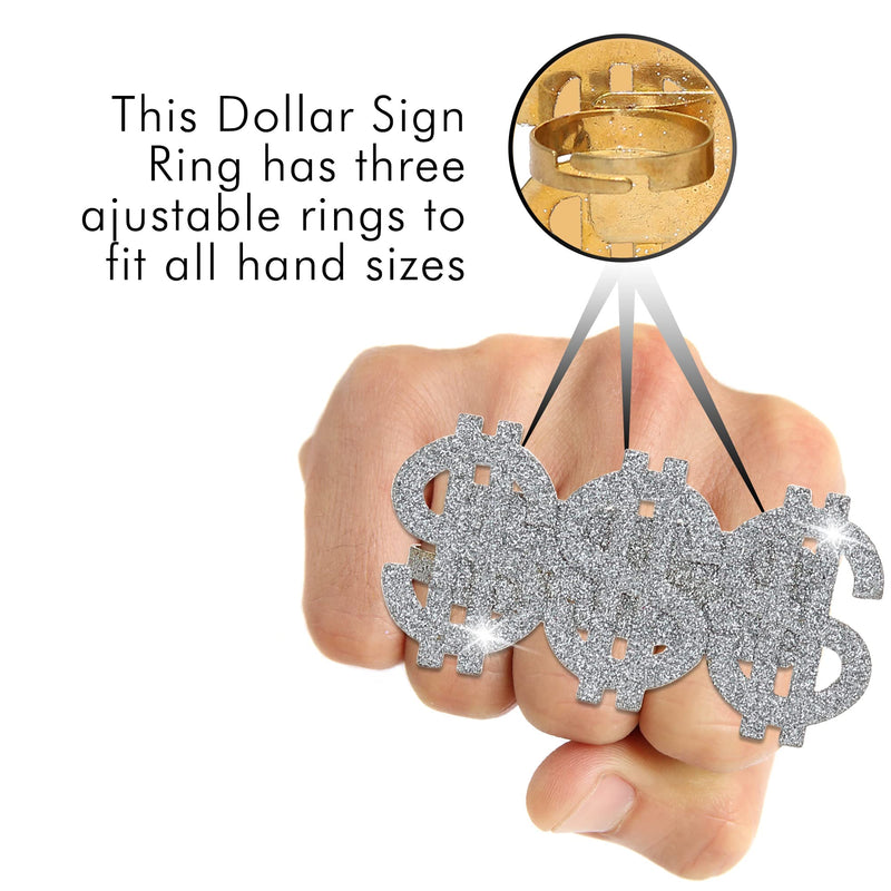 Dollar Sign Costume Ring - Pimp Money Symbol Jewelry Three Finger Gangster Ring for Men and Women