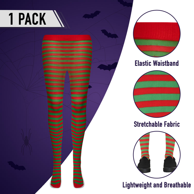 Red and Green Tights - Striped Nylon Christmas Elf Stretch Pantyhose Stocking Accessories for Every Day Attire and Costumes for Men, Women and Kids