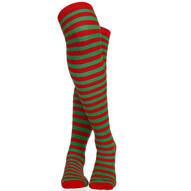 Red and Green Socks - Over The Knee Elf Striped Thigh High Costume Accessories Stockings for Men, Women and Kids