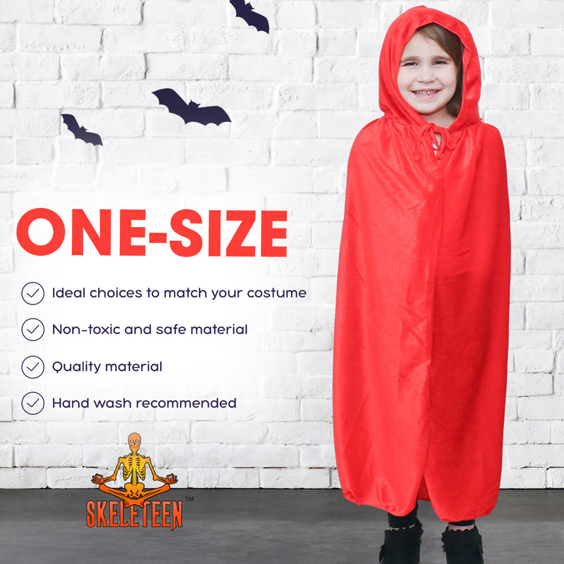 Red Velvet Hooded Cape - Kids Long Velour Vampire and Superhero Halloween Costume Cloak with Hood for Boys and Girls