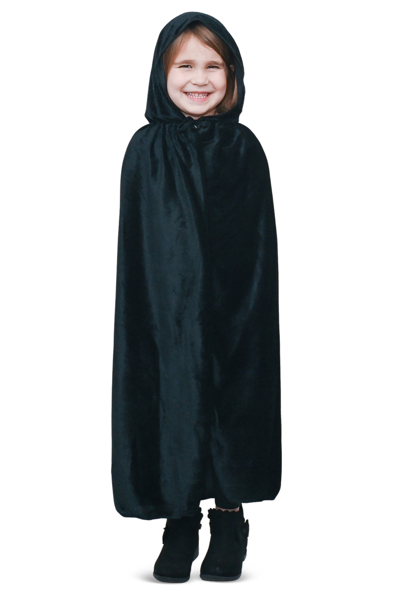 Black Velvet Hooded Cape - Kids Long Velour Vampire and Superhero Halloween Costume Cloak with Hood for Boys and Girls