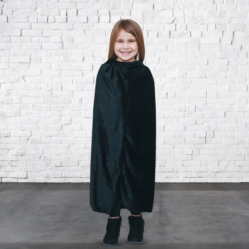 Black Velvet Hooded Cape - Kids Long Velour Vampire and Superhero Halloween Costume Cloak with Hood for Boys and Girls