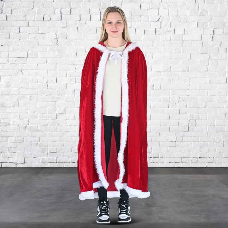 Skeleteen Red Velvet Santa Cape - Long Red Velour Hooded Cloak with White Fur Trimming Christmas Holiday Santa Claus and Mrs Claus Costume Robe with Hood - For Adults and Kids