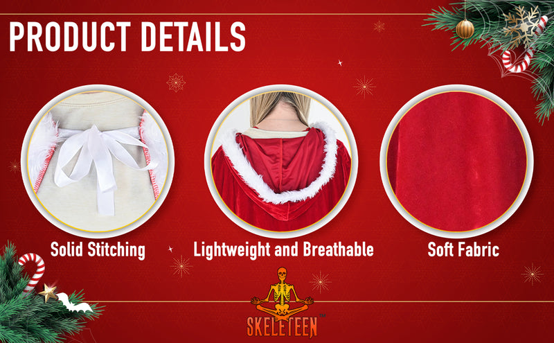 Skeleteen Red Velvet Santa Cape - Long Red Velour Hooded Cloak with White Fur Trimming Christmas Holiday Santa Claus and Mrs Claus Costume Robe with Hood - For Adults and Kids