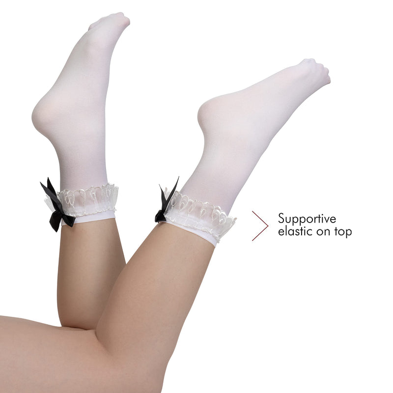 White Ruffled Anklet Socks - Frilly White Opaque Lace Ruffles Top Trim Bobby Sock With Black Satin Back Bow