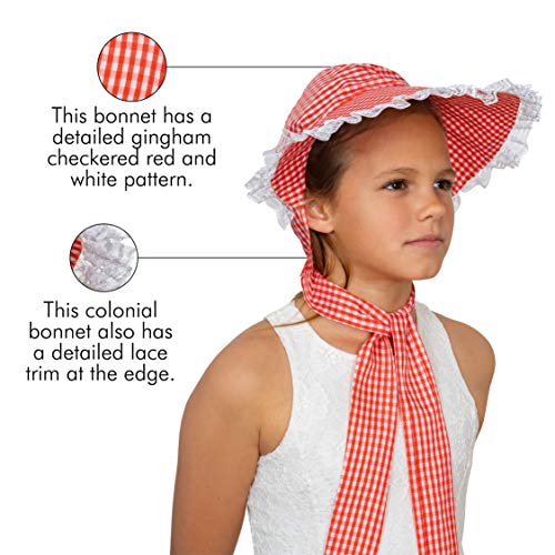 Colonial Pioneer Womens Bonnet - Revolutionary War Red and... Gingham Pilgrim Women Bonnets Sun Hats Dress Up Costume Accessories