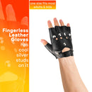 Gothic Fingerless Biker Gloves - 80s Style Black Leather Punk Biker Gloves with Studs for Men Women and Kids