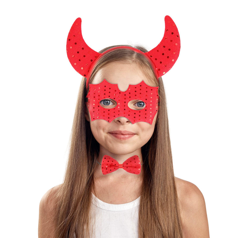 Devil Costume Accessory Set - Demon Costume Accessories Kit Includes Headband Horns, Mask and Bowtie