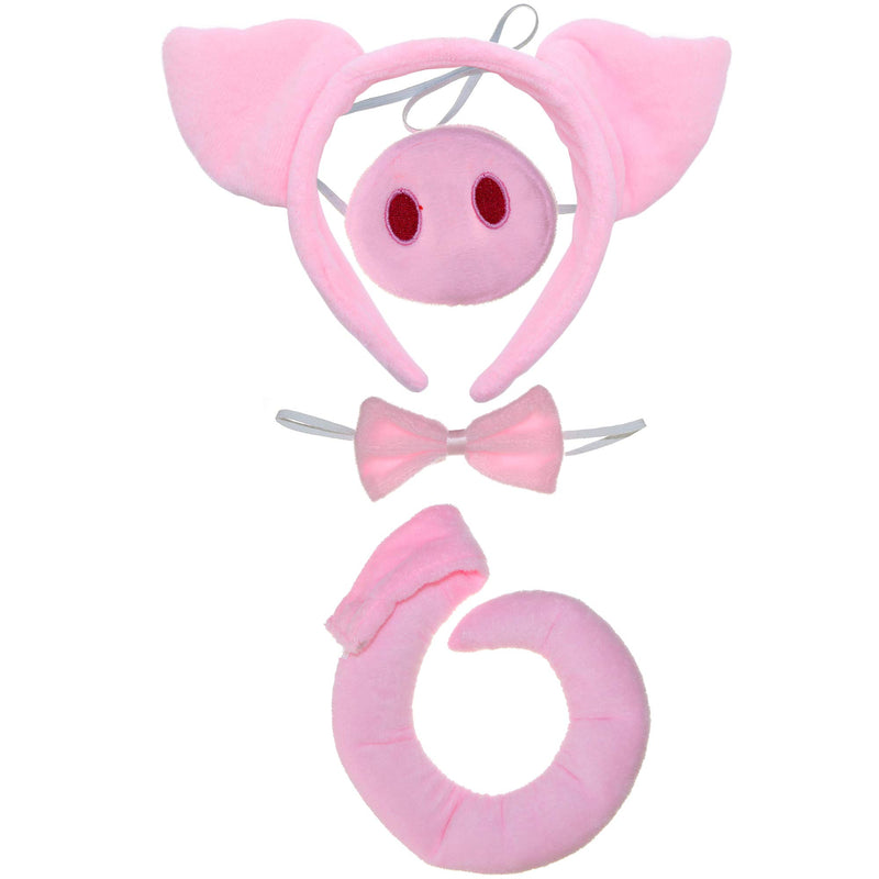 Pig Costume Accessories Set - Fuzzy Pink Pig Ears Headband, Bowtie, Snout and Tail Accessory Kit for Piglet Costumes for Toddlers and Kids