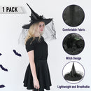 Deluxe Pointed Witch Hat - Glamorous Black Witches Accessories Fancy Satin Hat with Bow, Spiders and Black Feathers