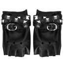 Fingerless Faux Leather Gloves - Black Biker Punk Gloves with Belt Up Closure and Rivet Design for Women and Kids