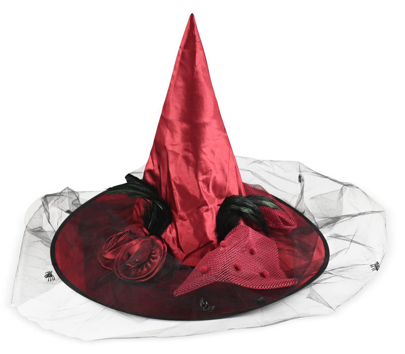Deluxe Pointed Witch Hat - Glamorous Red Witches Accessories Fancy Satin Hat with Bow, Spiders and Black Feathers