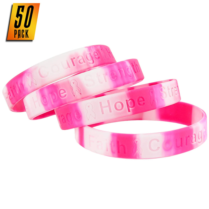 Breast Cancer Awareness Bracelets - Pink Ribbon Camouflage Silicone Rubber Cancer Support Bulk Party Giveaways Favors - Lot of 50