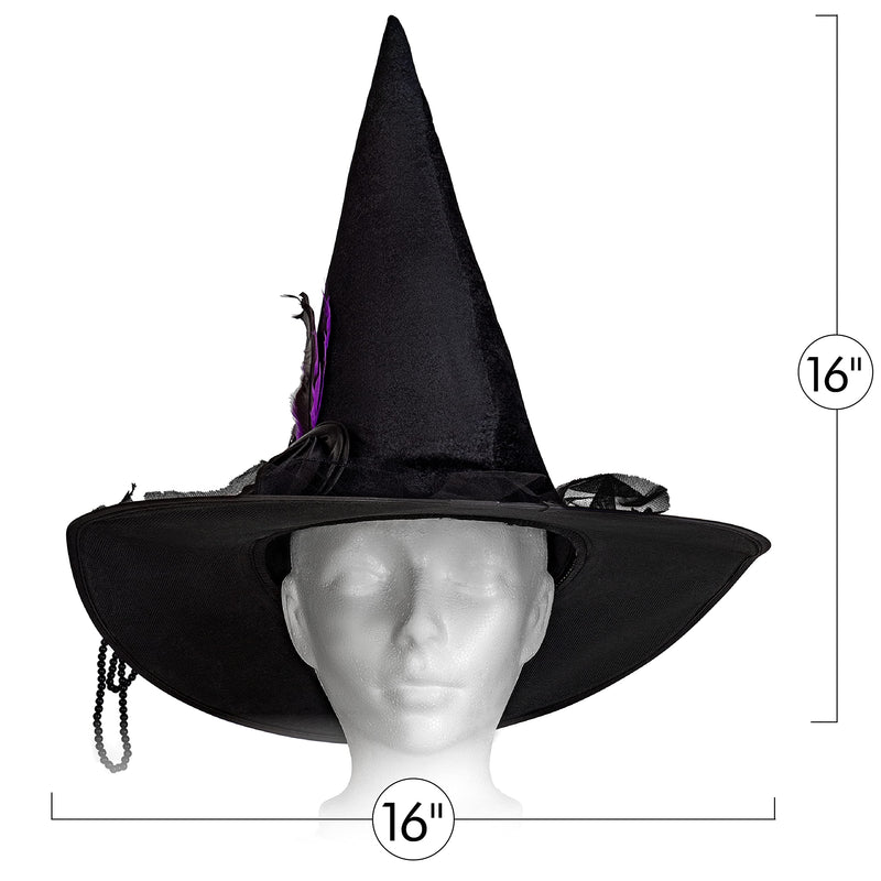 Deluxe Pointed Witch Hat - Glamorous Black Witches Accessories Fancy Velvet Hat with Flowers, Beads and Purple Feathers
