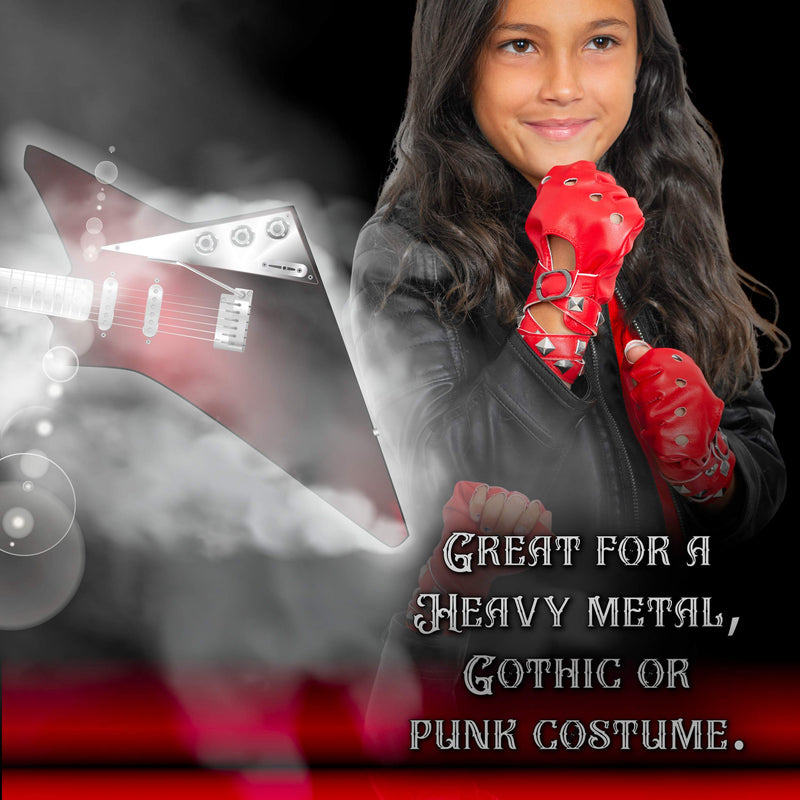 Fingerless Faux Leather Gloves - Red Biker Punk Gloves with Belt Up Closure and Rivet Design for Women and Kids