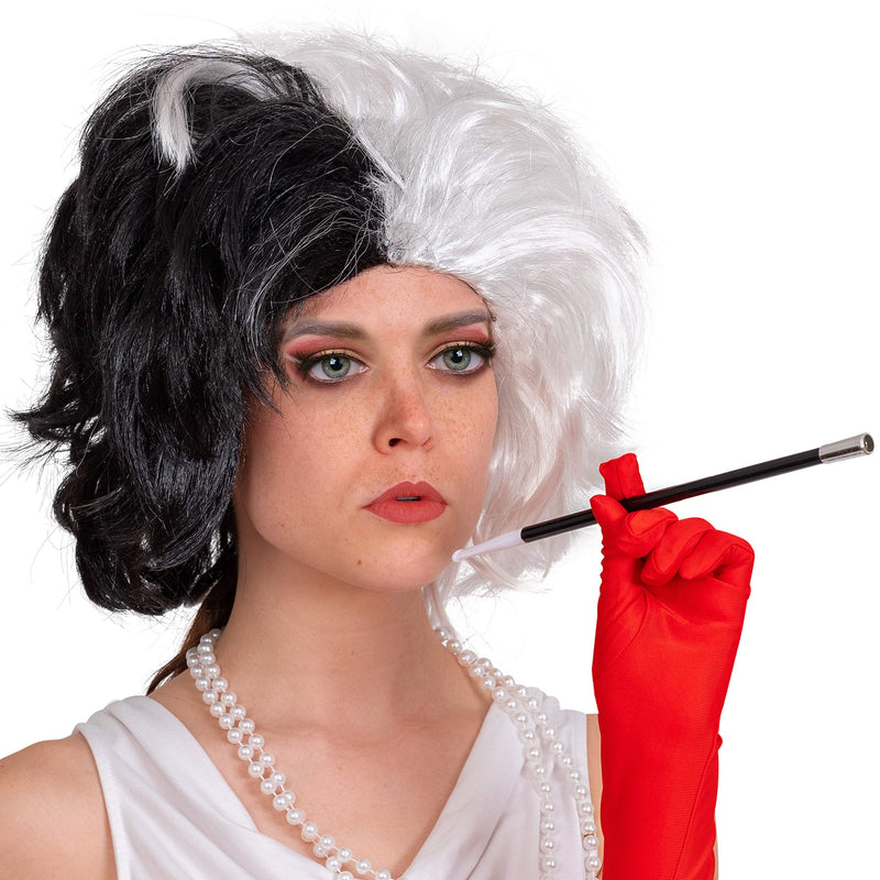 Black and White Wig - Cruel Lady Half and Half Wavy Costume Wig for Adults and Kids