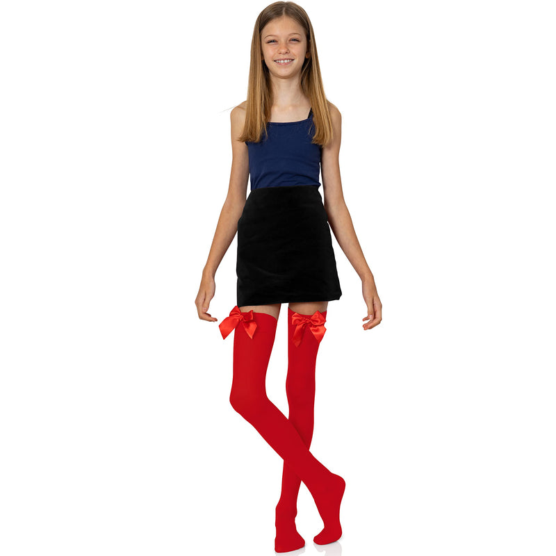 Bow Accent Thigh Highs - Red Over The Knee High Stockings with Red Satin Ribbon Bow Accent for Women and Girls