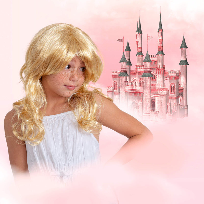 Curly Blond Wavy Wig - Long Curls Yellow Blonde Princess Goddess Wigs with Bangs for Kids and Adults