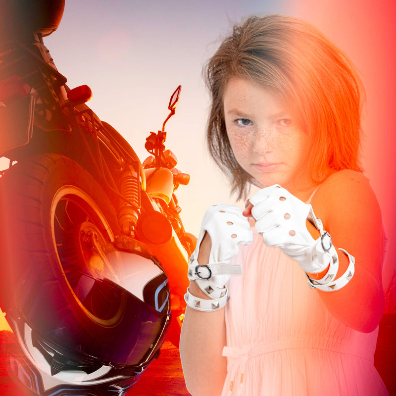 Fingerless Faux Leather Gloves - White Biker Punk Gloves with Belt Up Closure and Rivet Design for Women and Kids