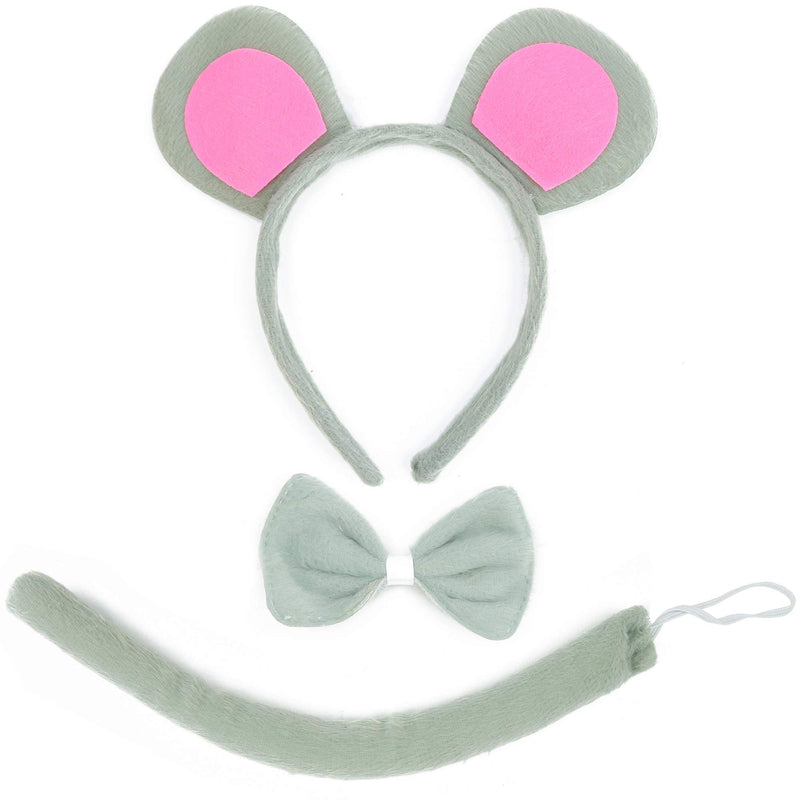 Mouse Costume Accessory Set - Grey and Pink Ears Headband, Bow Tie and Tail Accessories Set for Rat Costume for Toddlers and Kids