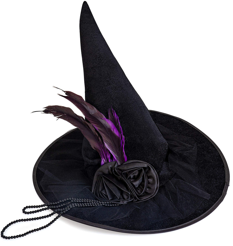 Deluxe Pointed Witch Hat - Glamorous Black Witches Accessories Fancy Velvet Hat with Flowers, Beads and Purple Feathers