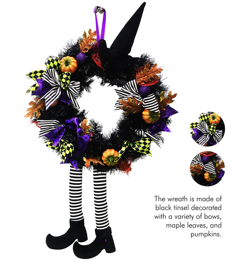 Happy Halloween Witch Wreath - Front Door Hanging Witchy Decorations with Pumpkins, Maple Leaves, Witch Hat and Witch Legs