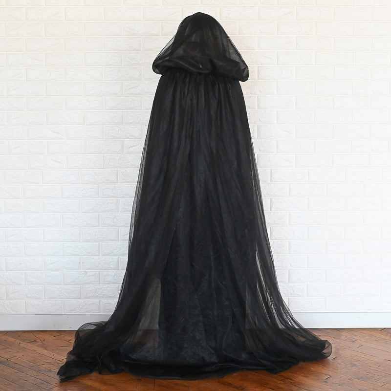 Black Hooded Tulle Cape - Long Chiffon Medieval Net Robe Vampire Bride Sheer Cloak Costume for Adults and Teens