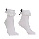 White Ruffled Anklet Socks - Frilly White Opaque Lace Ruffles Top Trim Bobby Sock With Black Satin Back Bow