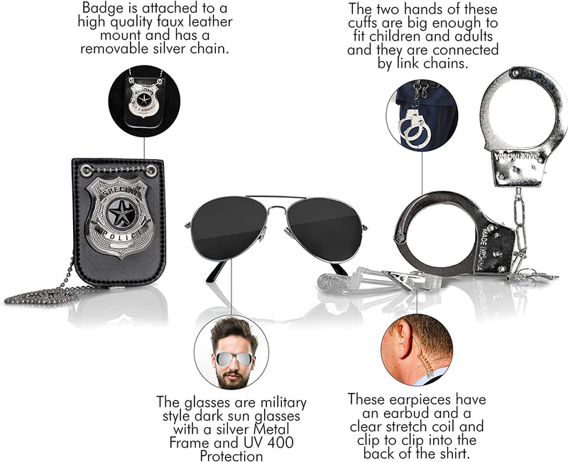 Skeleteen Kids Spy Set Accessories - Cool Spy Gadgets Equipment for Detective Costumes with Sunglasses, Ear Piece, Badge, and Handcuffs