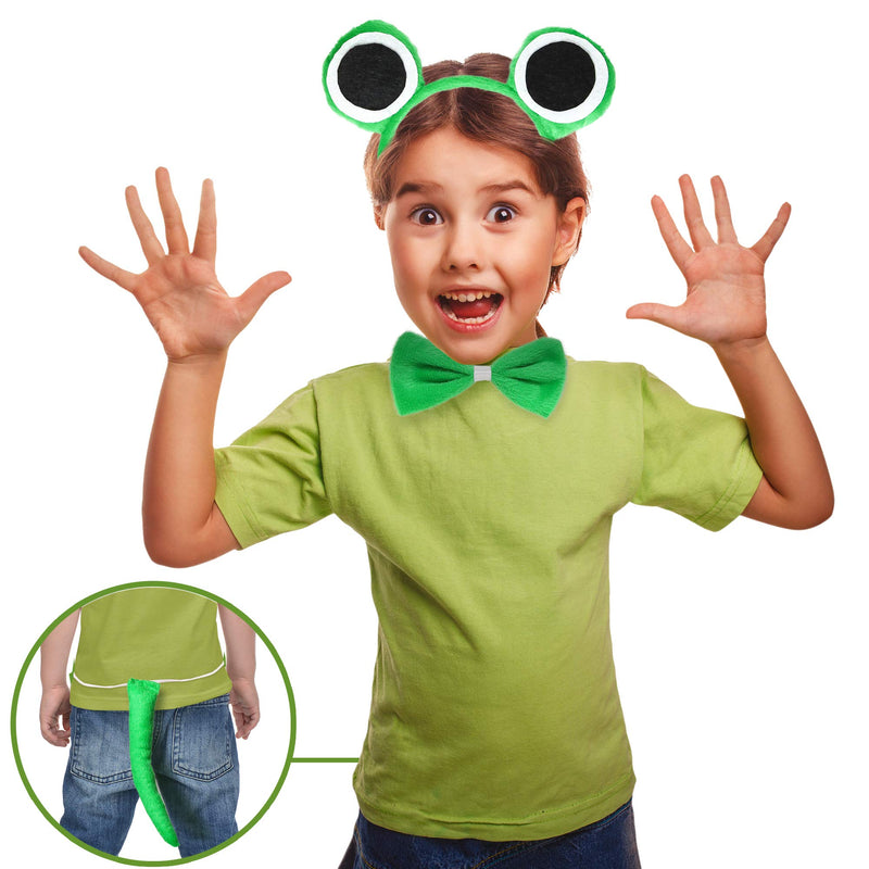 Frog Costume Accessories Set - Plush Green Frog Eyes Headband, Bowtie and Tail Toad Accessory Kit for Kids and Toddlers